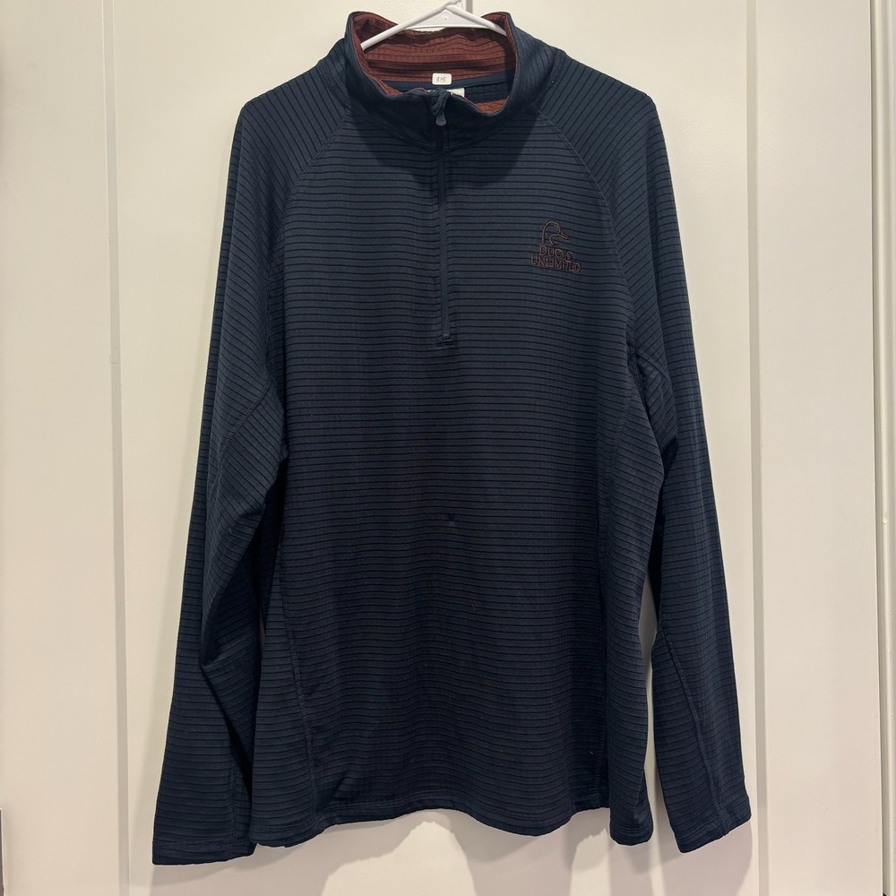 Ducks Unlimited Mens XL Navy Blue Striped‎ 1/4 Zip Pullover Sweater Long Sleeve